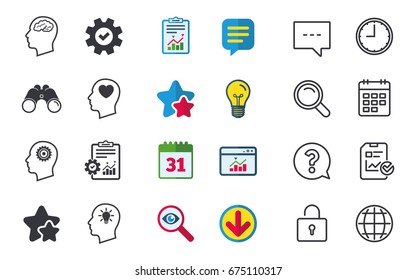 Head with brain and idea lamp bulb icons. Male human think symbols. Cogwheel gears signs. Love heart. Chat, Report and Calendar signs. Stars, Statistics and Download icons. Question, Clock and Globe