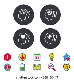 Head with brain and idea lamp bulb icons. Female woman think symbols. Cogwheel gears signs. Love heart. Calendar, Information and Download signs. Stars, Award and Book icons. Vector