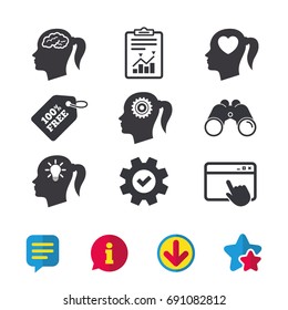 Head with brain and idea lamp bulb icons. Female woman think symbols. Cogwheel gears signs. Love heart. Browser window, Report and Service signs. Binoculars, Information and Download icons. Vector