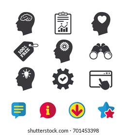 Head with brain and idea lamp bulb icons. Male human think symbols. Cogwheel gears signs. Love heart. Browser window, Report and Service signs. Binoculars, Information and Download icons. Vector