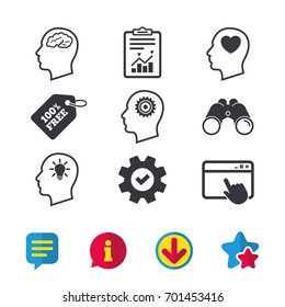Head with brain and idea lamp bulb icons. Male human think symbols. Cogwheel gears signs. Love heart. Browser window, Report and Service signs. Binoculars, Information and Download icons. Vector