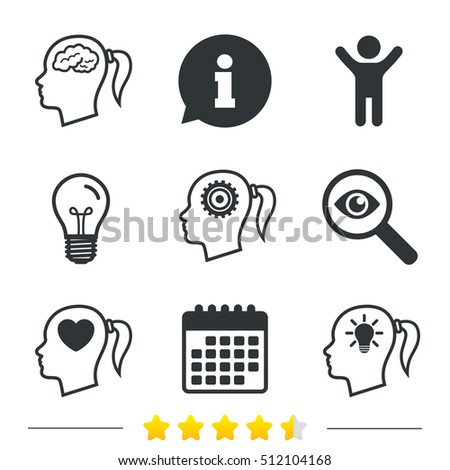 Head with brain and idea lamp bulb icons. Female woman think symbols. Cogwheel gears signs. Love heart. Information, light bulb and calendar icons. Investigate magnifier. Vector