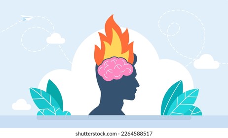 Head with the brain inside is on fire. Headache and stress. Anger, fury, annoyance. Burnout, stress, emotional problem. Burning brain. Aflame mind. Head fire flame. Mental illness. Vector illustration