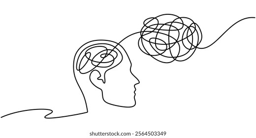 Head with brain and knotty thread in continuous line drawing. Depicting complexity, tangled thoughts, and the process of problem solving. Vector illustration hand drawn.