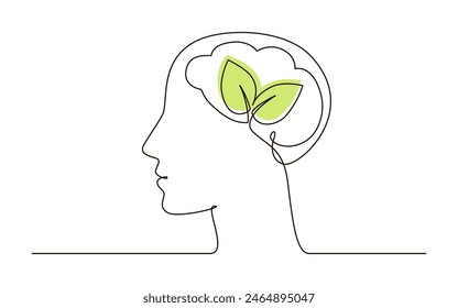 Cabeza con cerebro y hojas de dibujo de símbolo de una línea continua. Salud mental, icono del concepto de autocuidado en estilo lineal. Ilustración vectorial de línea continua