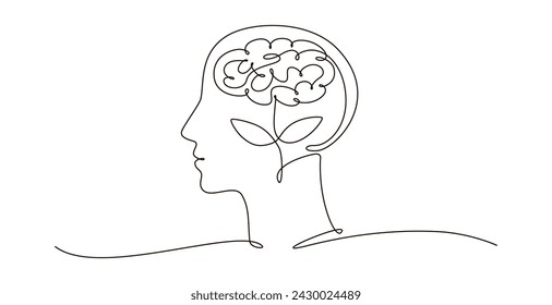 Cabeza con cerebro y hojas en el interior continuo de una línea de dibujo símbolo. Salud mental, icono del concepto de autocuidado en estilo lineal. Ilustración de vector de línea continua