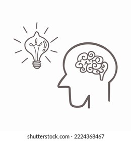 Head and brain with light bulb vector Illustration isolated on white background, Education concept