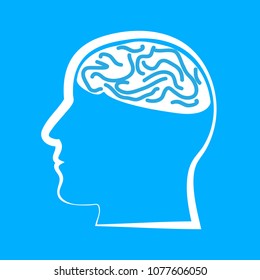 Head with brain line icon. A simple design of the contour of a human head with a brain on a blue background