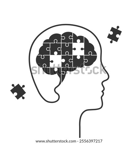 Head with brain made of jigsaw puzzle but missing some pieces. Human mind having thinking problem and difficulty, memory loss, dementia, Alzheimer's disease, mental illness or disorder concept.
