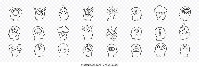 Conjunto de íconos de cabeza, cerebro y línea del sentimiento: símbolos de contorno editables de migraña, niebla cerebral, confusión, advertencia, nube de tormenta y atención plena