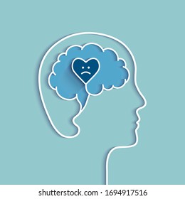 Head And Brain Outline With Sad Heart. Sadness, Depression, Feeling Depressed And Related Negative Emotions Concept. Vector Illustration With Blue Colors.