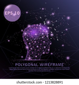 Head with brain purple polygonal digitally drawn futuristic low poly wire frame shape point, composition and lines vector illustration.