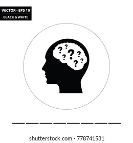 Head, brain and question marks black and white glyph flat icon. Vector Illustration.