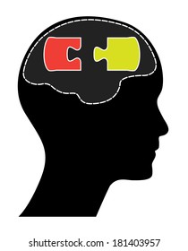 Head and brain with red and yellow puzzle pieces.