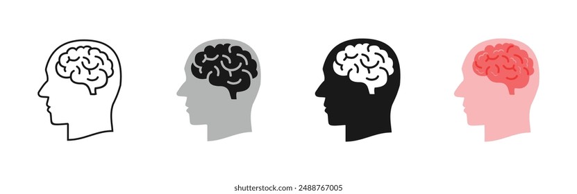 head and brain set icon, available in outline, black and white, solid, and color, editable vector eps 10.