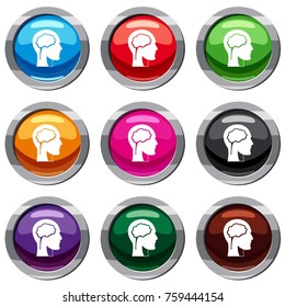 Head with brain set icon isolated on white. 9 icon collection vector illustration