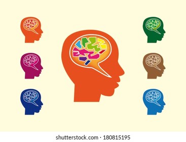 Head and brain shadow icons in different colors.