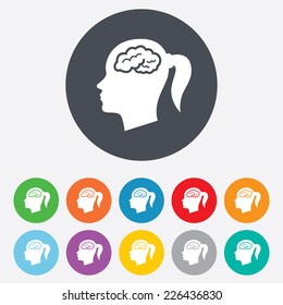 Head with brain sign icon. Female woman human head think symbol. Round colourful 11 buttons. Vector