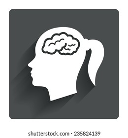Head with brain sign icon. Female woman human head think symbol. Gray flat square button with shadow. Modern UI website navigation. Vector