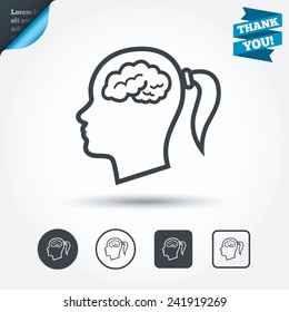 Head with brain sign icon. Female woman human head think symbol. Circle and square buttons. Flat design set. Thank you ribbon. Vector