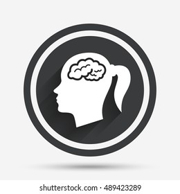 Head with brain sign icon. Female woman human head think symbol. Circle flat button with shadow and border. Vector
