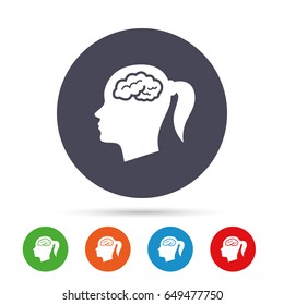 Head with brain sign icon. Female woman human head think symbol. Round colourful buttons with flat icons. Vector