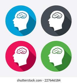 Head with brain sign icon. Male human head think symbol. Circle buttons with long shadow. 4 icons set. Vector