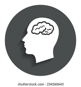 Head with brain sign icon. Male human head think symbol. Gray flat button with shadow. Modern UI website navigation. Vector