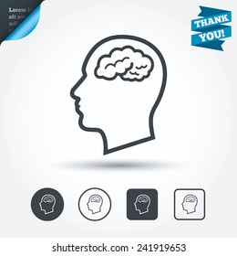 Head with brain sign icon. Male human head think symbol. Circle and square buttons. Flat design set. Thank you ribbon. Vector