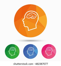 Head with brain sign icon. Male human head think symbol. Triangular low poly button with flat icon. Vector