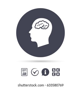 Head with brain sign icon. Male human head think symbol. Report document, information and check tick icons. Currency exchange. Vector