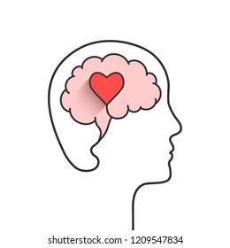 Head and brain silhouette with heart shape as love, mental health or emotional intelligence concept