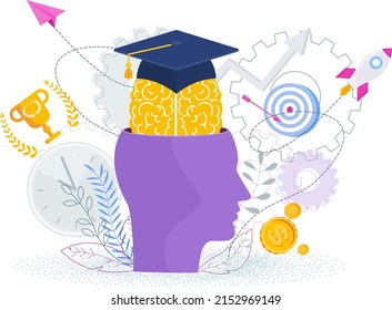 Head with brain and university graduate cap. Graduation gown. Student graduation party. Flat vector illustration.