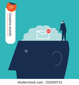 Head with brain and unread messages icon with a businessman. Vector illustration Eps10 file. Global colors. Text and Texture in separate layers.