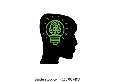 Head with brain vector icon.Creative idea flat line icon. Brain in light-bulb vector illustration.