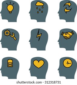 Head brain vector icons set, representing the ideas and thought process.