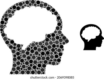 Head brain vector mosaic of round dots in various sizes and color shades. Round dots are grouped into head brain vector collage. Abstract vector design concept.