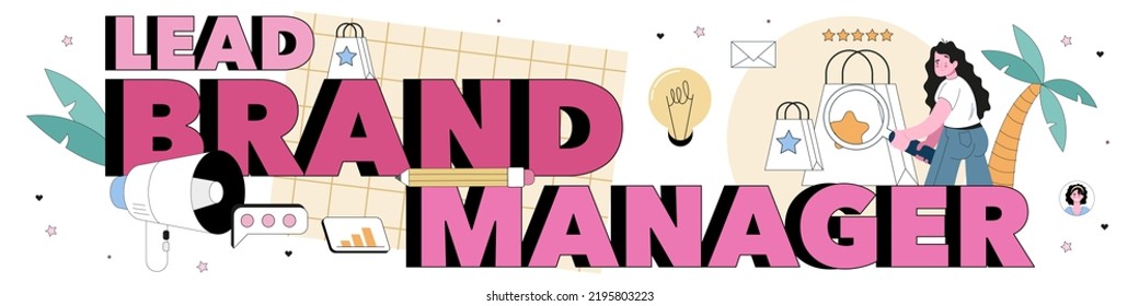 Head brand manager typographic header. Specialist developing unique design of a company or product,. Brand recognition as a advertising strategy and promotion. Flat vector illustration