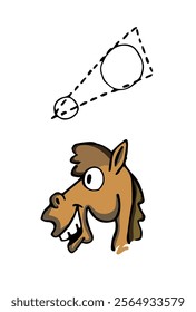 Head of a brown big teeth smiling horse profile with its sketch construction drawing illustration. Animal, farm. Vector.