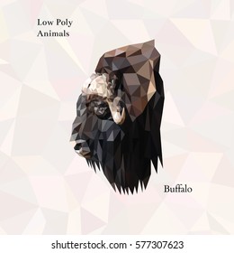 Head of brown buffalo portrait from low poly. Vector polygonal illustration. Set of triangle animals. Realistic image