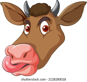 Head of brown cow sticking out tongue cartoon illustration