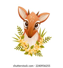 Head of Brown Dik-dik as African Small Antelope with Horns Wearing Floral Wreath on Its Neck Vector Illustration