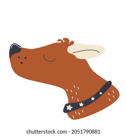 The head of a brown dog with a collar with stars in a hand-drawn style on a white background