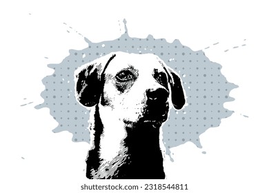 Head of a brown dog on pattern background, comic black and white sketch style, vector illustration