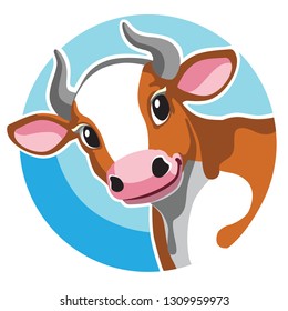 head of brown spotted cow in circle shape . Cartoon icon, logo , emblem , sticker on blue background. Vector illustration