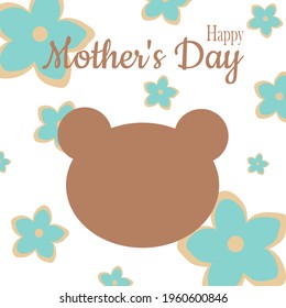 Cabeza de osito de peluche marrón sobre un fondo floral para imprimir en la ropa, almohadas, decoración infantil. Tarjeta de saludo del día de la madre. Ilustración vectorial.