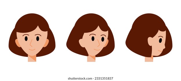 Head of a brown-haired girl. Front and side view. Avatar of a smiling young woman with a short haircut. The face of a cute character. Portrait of a human. Flat style. Vector illustration.