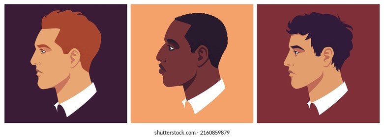 Head of brunet, redhead and african man in profile. Male portrait, face side view. Avatar of businessman for social networks. Stock vector illustration in flat style.