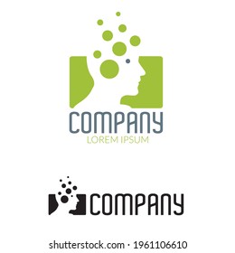 Head with bubbles graphic logo template vector illustration. Creative process concept, strength of mind symbol. Sample text on separate layer.