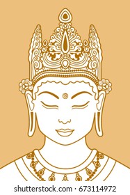 Head of a buddha in a crown on a beige background